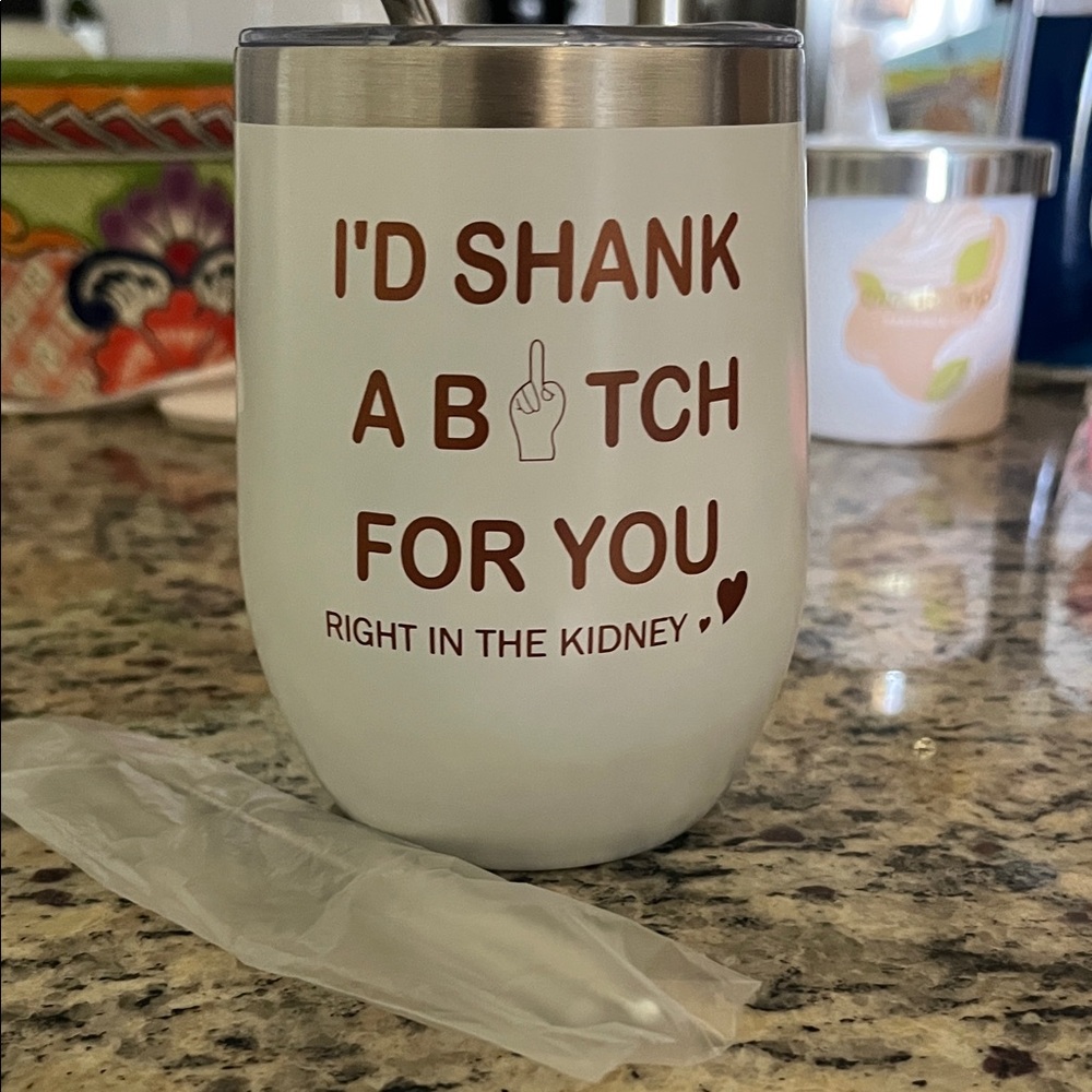 White Stainless Wine Tumbler with Brown Text